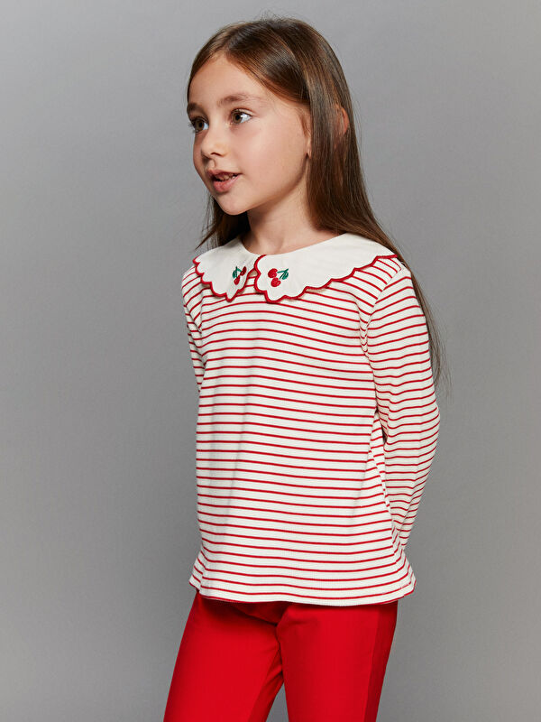 LCW Kids Peter Pan Collar Long Sleeve Striped Girls' T-Shirt