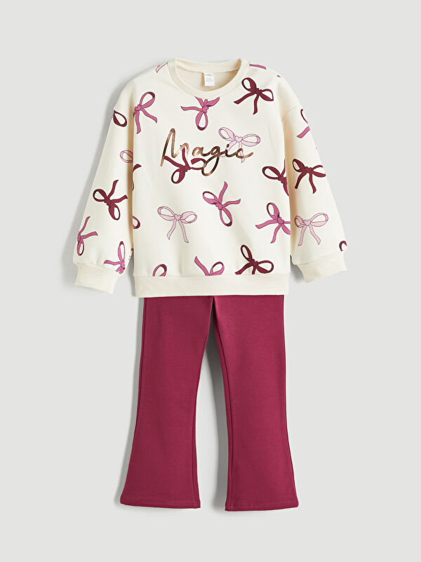 LCW Kids Fiyonk Baskılı Kız Çocuk Sweatshirt ve Tayt 2'li
