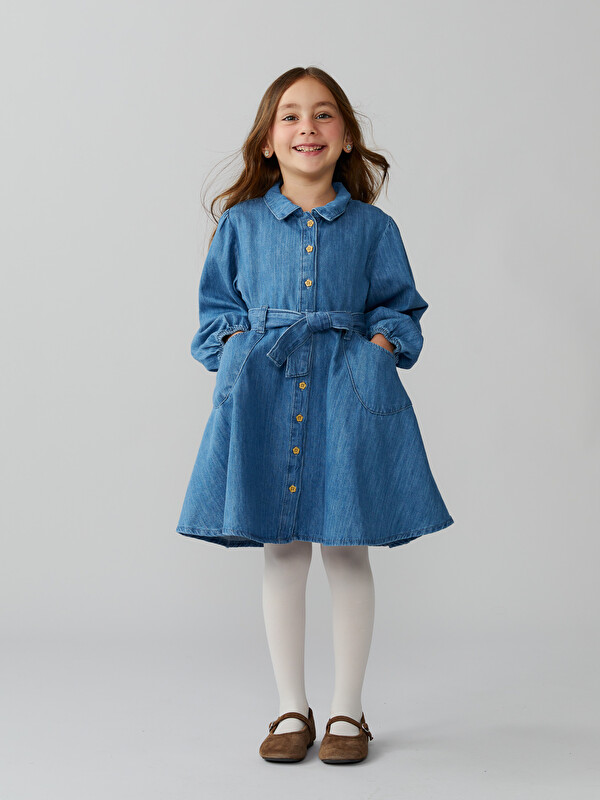 LCW Kids Gömlek Yaka Kız Çocuk Jean Elbise