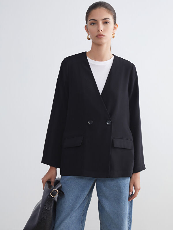 LCWAIKIKI Classic Siyah V Yaka Krep Kadın Blazer Ceket - W5IJ21Z8