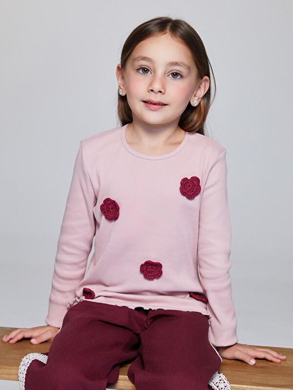 LCW Kids Bisiklet Yaka Desenli Kız Çocuk Tişört