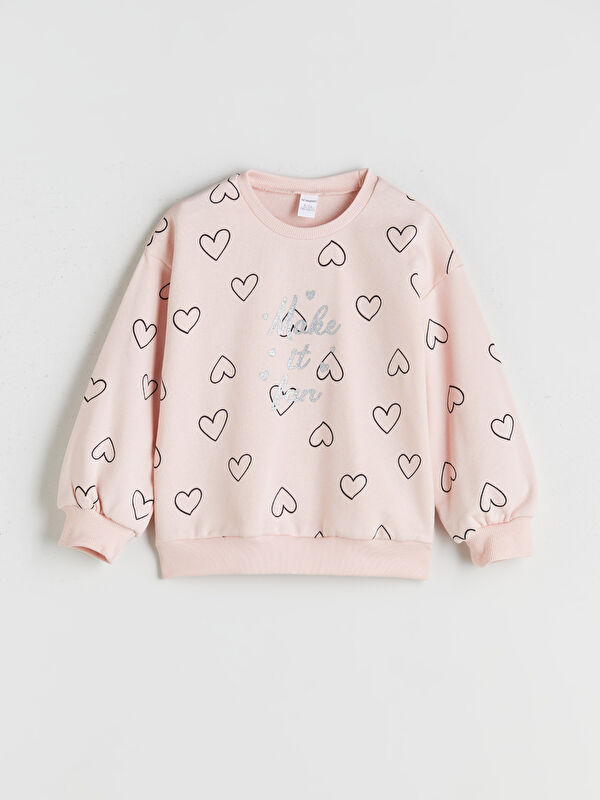LCW Kids Crew Neck Heart Printed Girls' Sweatshirt