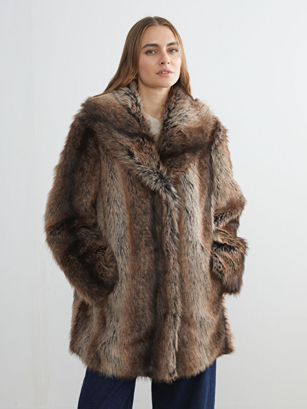 LCW Grace Jacket Neck Women's Fur Overcoat
