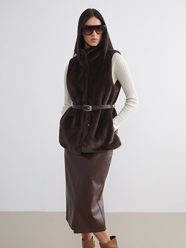LCW Vision Stehkragen Gürtel Kunstfellweste für Damen