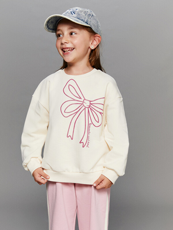 LCW Kids Bisiklet Yaka Fiyonk Baskılı Kız Çocuk Sweatshirt 2'li