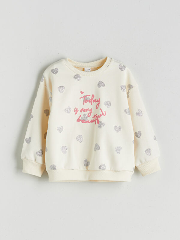 LCW Kids Crew Neck Heart Printed Girls' Sweatshirt