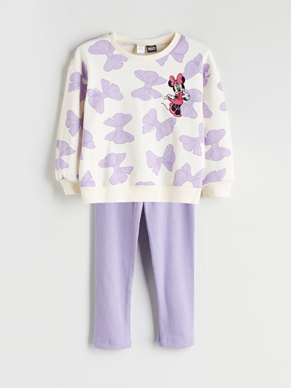 LCW Kids Bisiklet Yaka Minnie Mouse Baskılı Kız Çocuk Sweatshirt ve Tayt 2'li