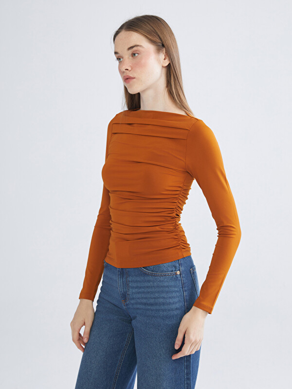 LCW Vision Slash Neck Ruched Blouse