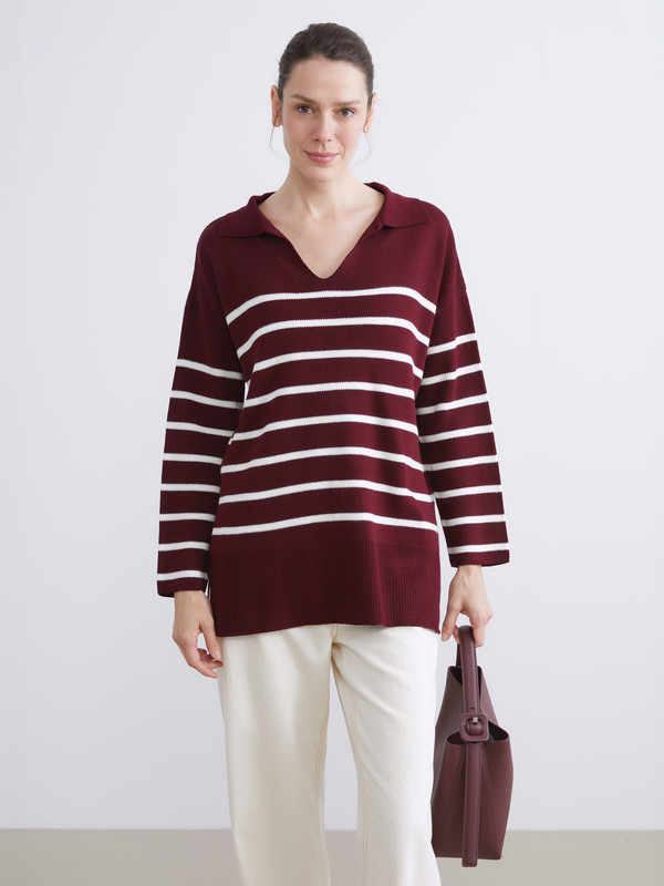 LCWAIKIKI Classic Polo Collar Striped Oversize Women's Knitwear Sweater