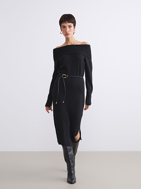 LCW Vision Slash Neck Belted Knitwear Dress