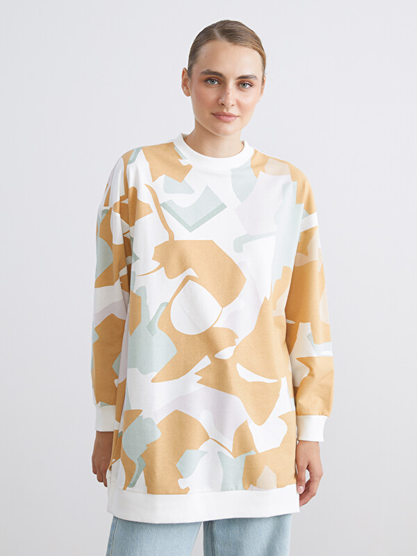 LCW Modest Büyük Beden Bisiklet Yaka Desenli Kadın Sweatshirt Tunik