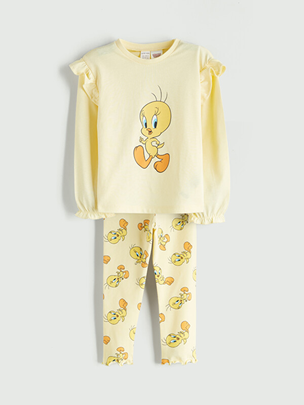 LCW baby Bisiklet Yaka Tweety Baskılı Fırfırlı Kız Bebek Bluz ve Tayt 2'li