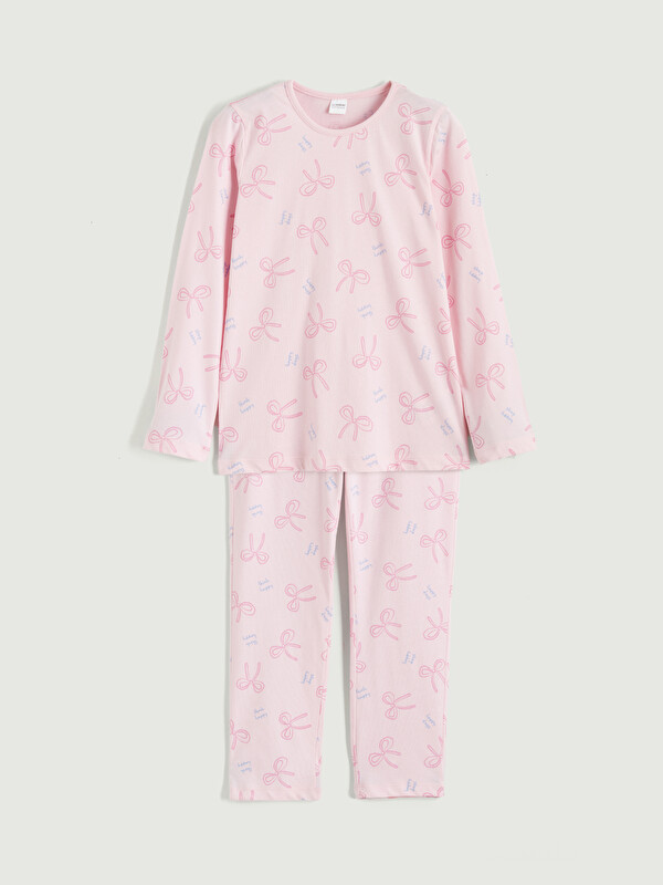 LCW Kids Crew Neck Bow Patterned Girls' Pyjama Set