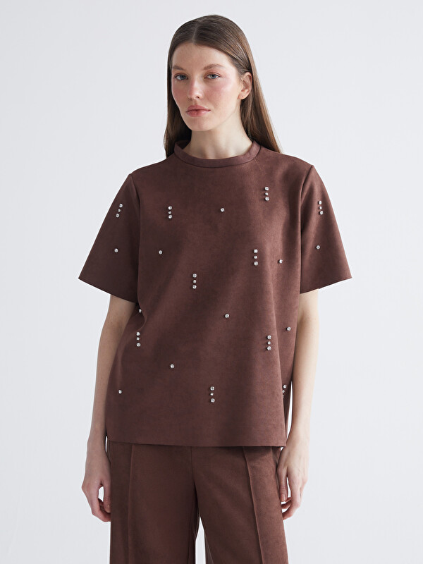 LCW Comfort Bisiklet Yaka Taşlı Süet Görünümlü Bluz