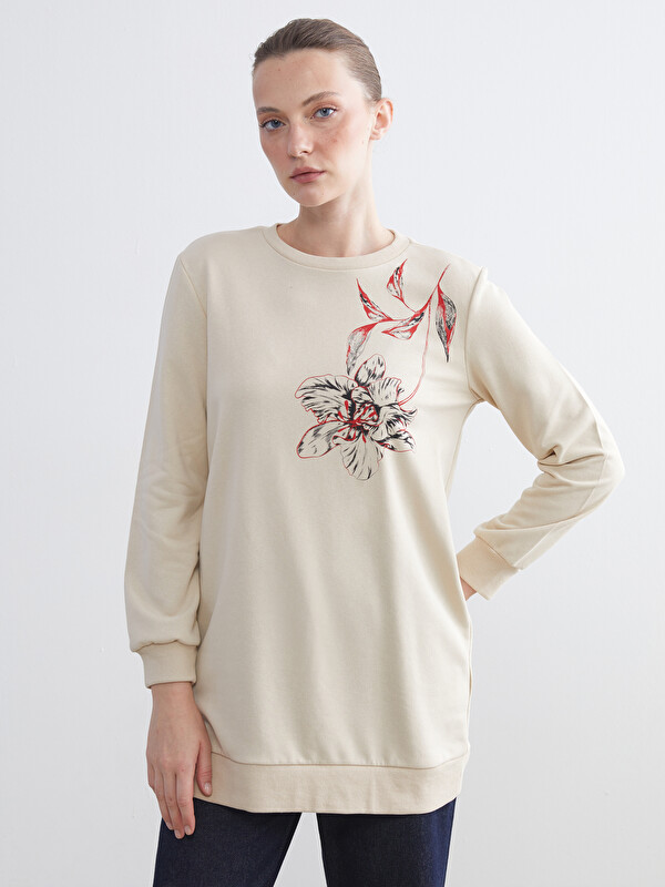 LCW ECO Bisiklet Yaka Çiçekli Kadın Sweatshirt Tunik