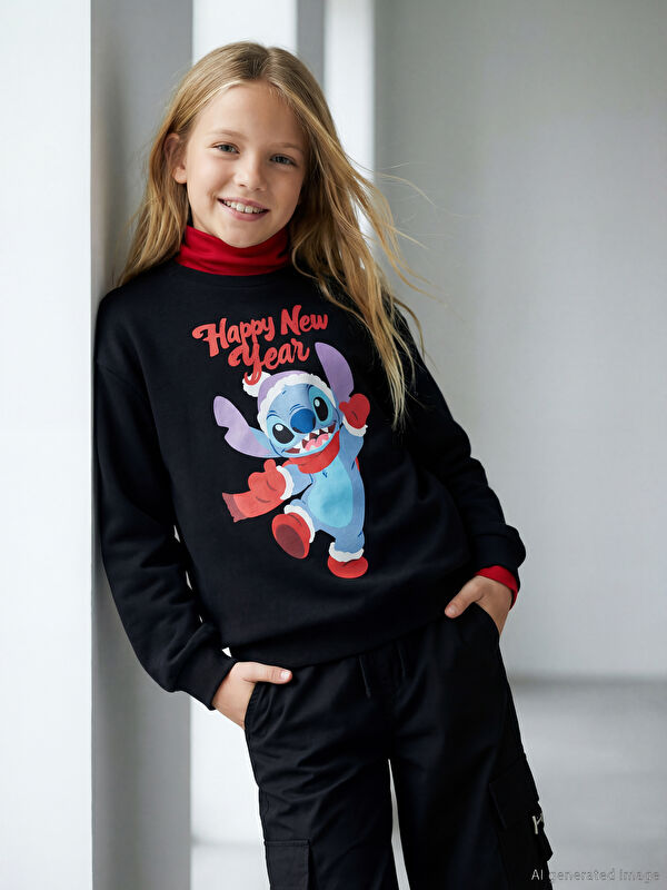 LCW Kids Stitch Printed New Year Themed Girls' Thick Sweatshirt