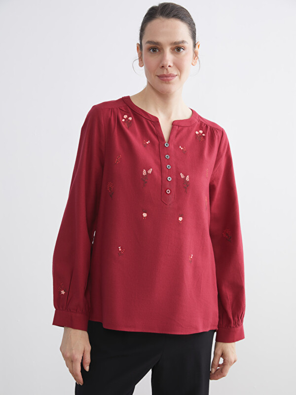 LCW Grace Notch Neck Floral Embroidered Blouse