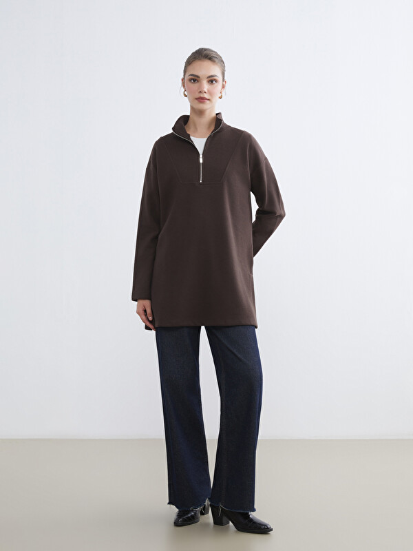 LCW Modest Kahverengi Dik Yaka Kadın Sweatshirt Tunik - W5JC08Z8