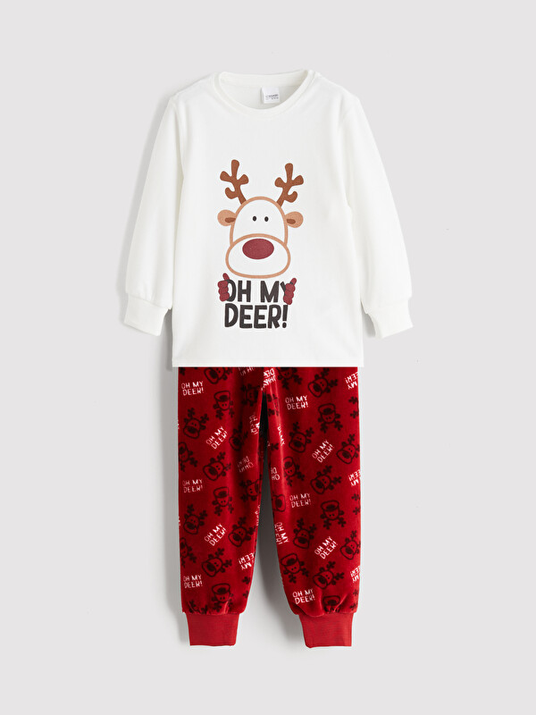 LCW Kids Bisiklet Yaka Yılbaşı Temalı Erkek Çocuk Pijama Takımı