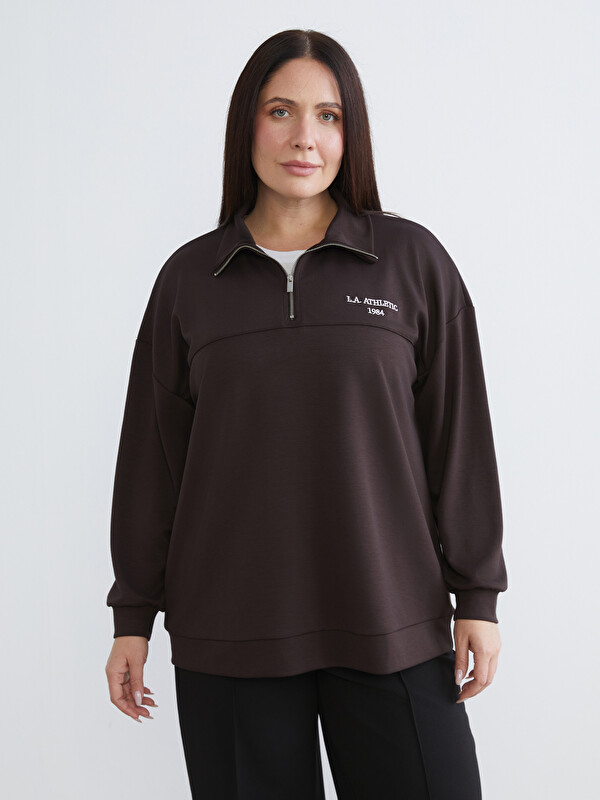 LCW Modest Dik Yaka Nakışlı Oversize Kadın Sweatshirt Tunik