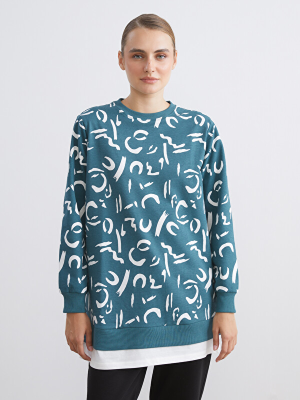 LCW Modest Bisiklet Yaka Desenli Kadın Sweatshirt Tunik