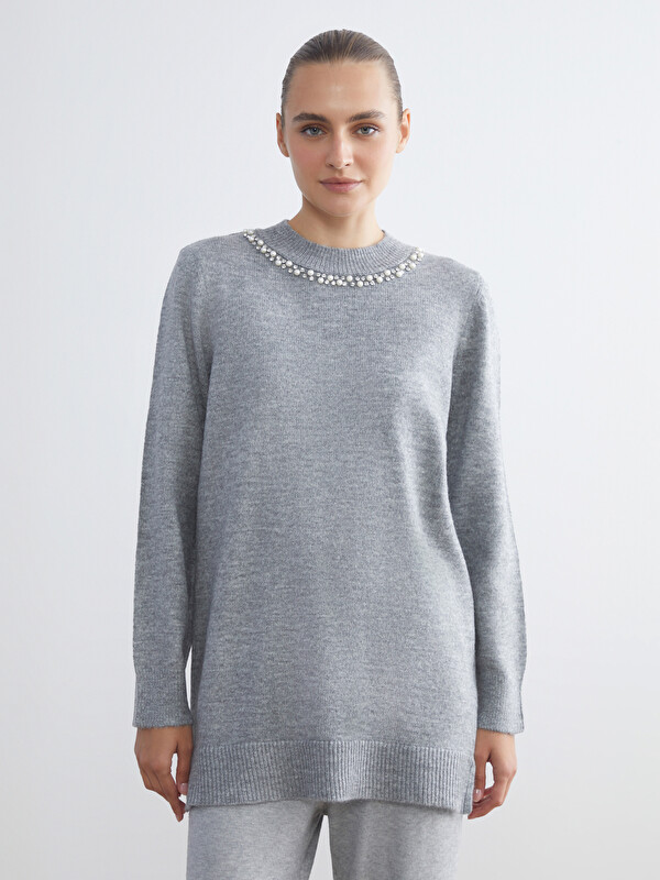 LCW Modest Bisiklet Yaka Taşlı Kadın Triko Tunik