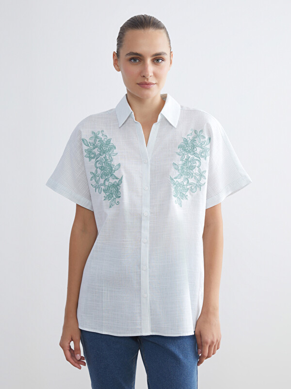 LCW Grace Chemise Rayée Brodée Florale pour Femmes