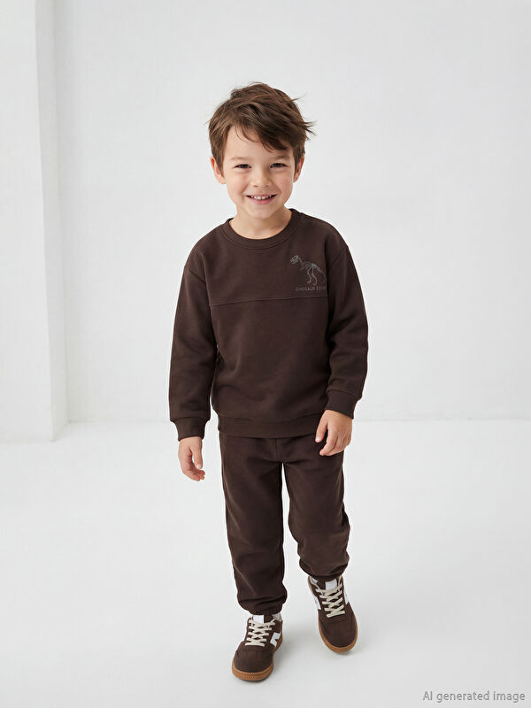 LCW Kids Dinozor Baskılı Erkek Çocuk Kalın Sweatshirt ve Eşofman Altı
