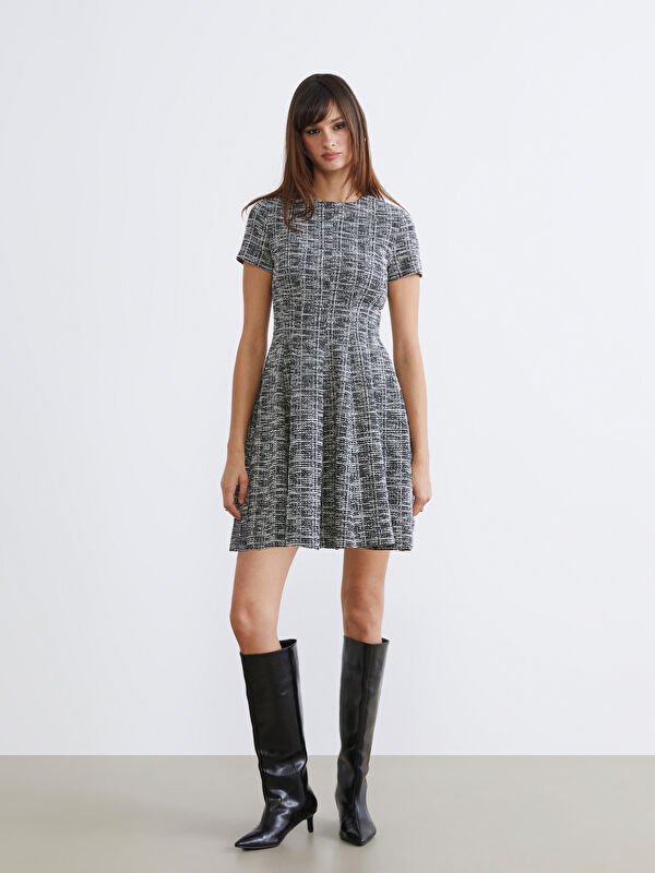 LCW Vision Crew Neck Plaid Peplum Mini Dress
