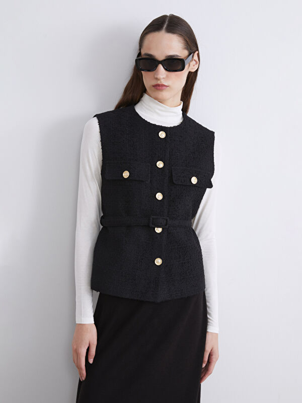 LCW Modest Vestă Tweed pentru Femei cu Guler Rotund - W5JN13Z8-CVL