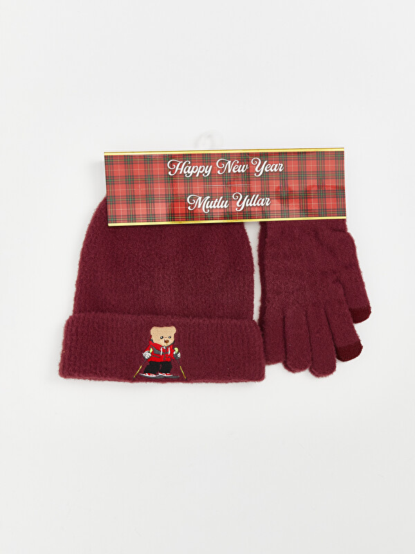 LCW ACCESSORIES Bear Teddy Embroidered Women's Beanie and Gloves