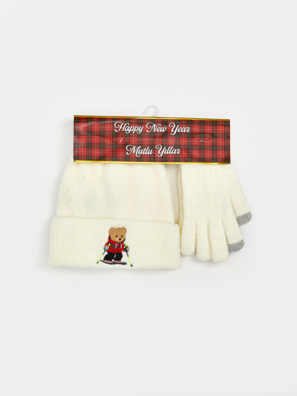 LCW ACCESSORIES Bear Teddy Embroidered Women's Beanie and Gloves