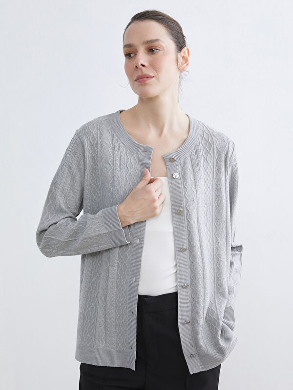 LCW Grace Crew Neck Self Patterned Long Sleeve Women's Tricot Cardigan