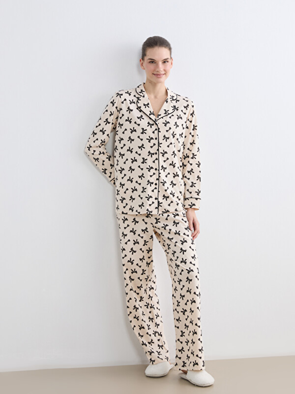 LCW DREAM Shirt Collar Bow Printed Maternity Pyjama Set