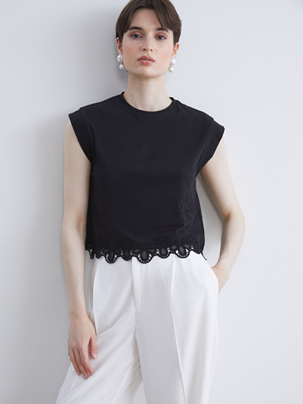 LCW Vision Bluse mit Rundhalsausschnitt und Spitzendetails