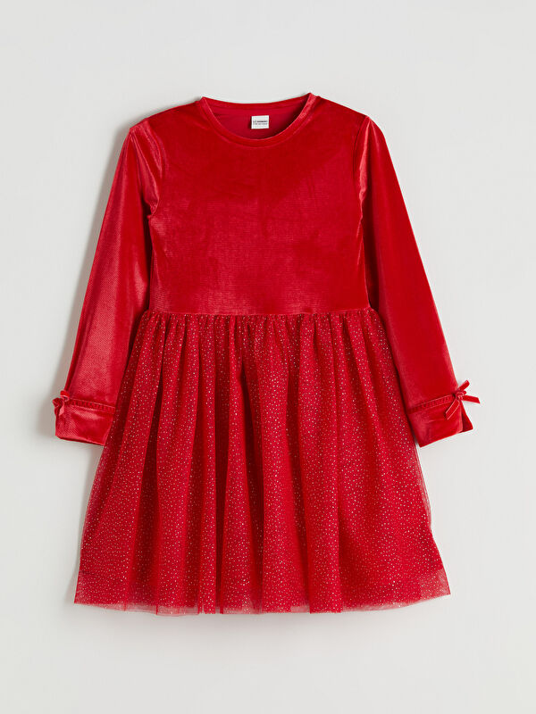 LCW Kids Crew Neck Sparkling Girls Velvet Tulle Dress