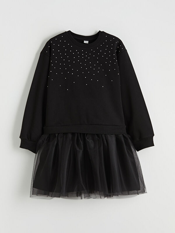 LCW Kids Crew Neck Stone Detailed Girls' Tulle Dress