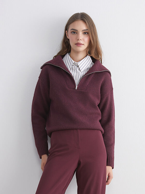 LCW Modest Zippered Polo Neck Women's Knit Sweater