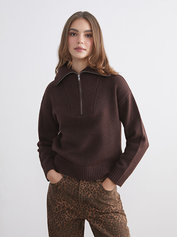 LCW Modest Zippered Polo Neck Women's Knit Sweater