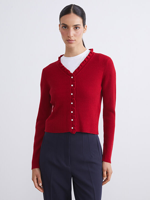 LCW Modest Frilled V Neck Women's Knitwear Cardigan