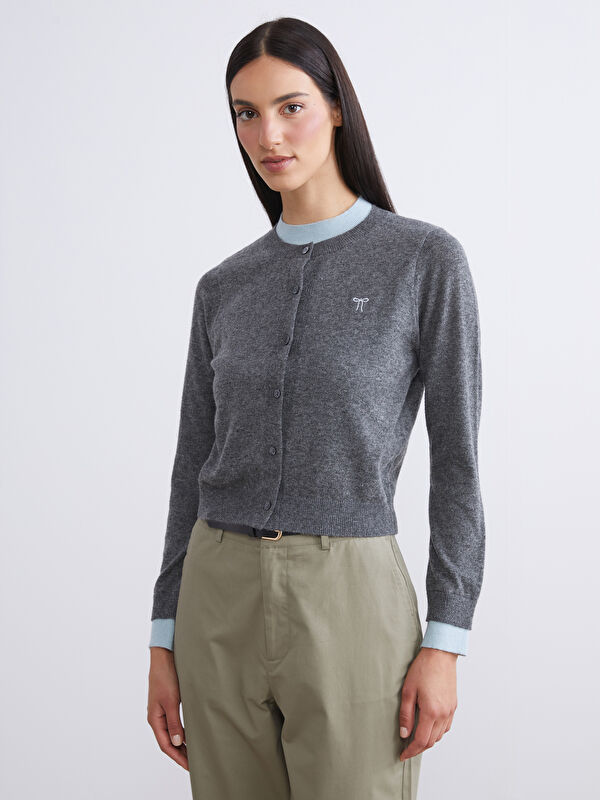 LCW Modest Rundhalsausschnitt Schleife Bestickt Strickjacke für Damen