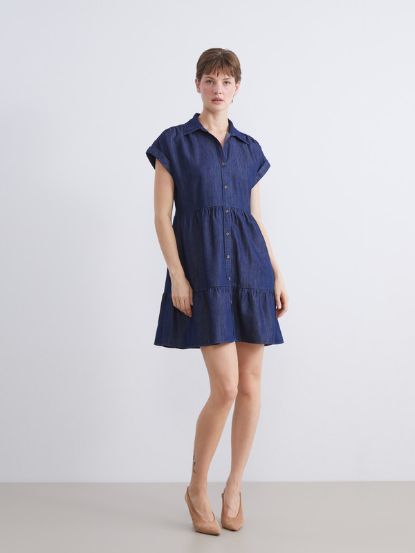 LCW Comfort Gömlek Yaka Katkat Mini Jean Elbise