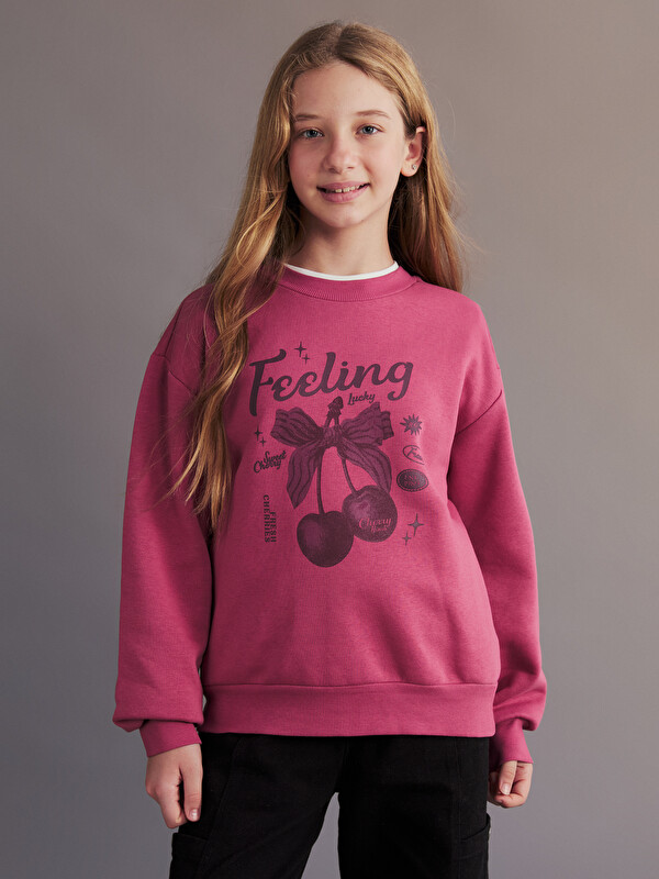 LCW Kids Bisiklet Yaka Kiraz Baskılı Kız Çocuk Sweatshirt