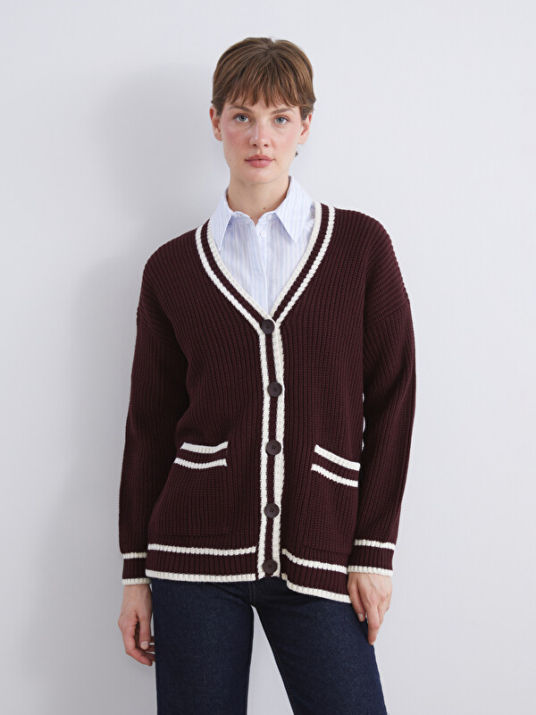 LCW Modest V Neck Striped Detail Women's Knitwear Cardigan