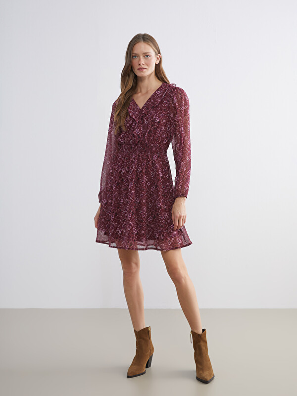 LCW Comfort V Yaka Çiçekli Şifon Belden Oturtmalı Mini Elbise