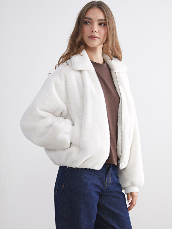 LCW Modest Gömlek Yaka Oversize Kadın Pelüş Mont