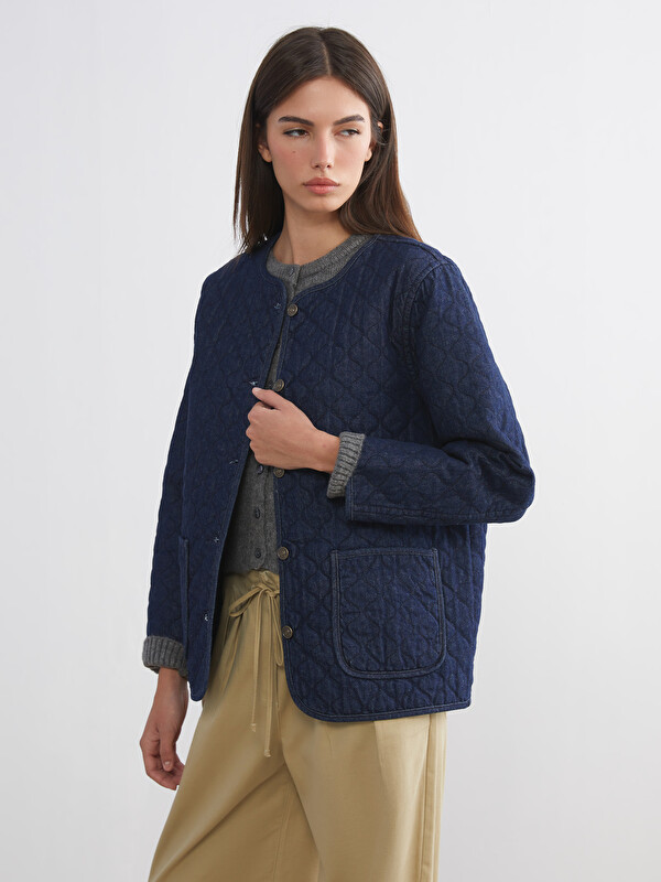 LCW Vision Bisiklet Yaka Kapitone Oversize Kadın Jean Ceket