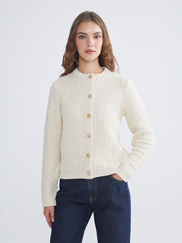 LCW Modest Bisiklet Yaka Kendinden Desenli Kadın Triko Hırka