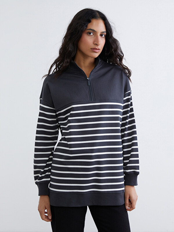 LCW Modest Dik Yaka Çizgili Kadın Sweatshirt Tunik