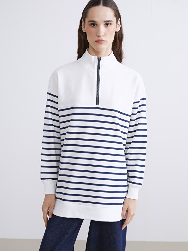 LCW Modest Dik Yaka Çizgili Kadın Sweatshirt Tunik